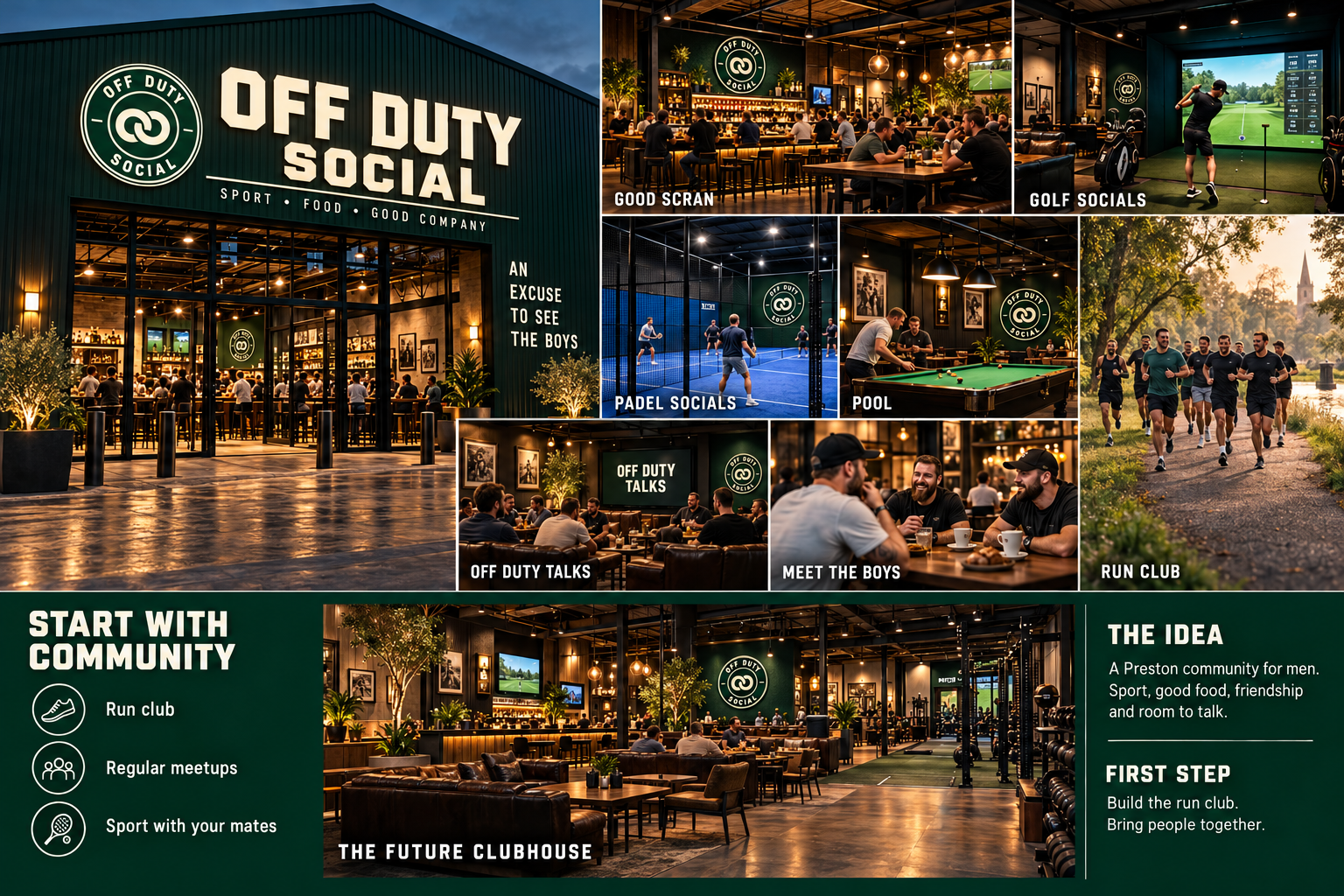 OFF DUTY SOCIAL future clubhouse concept board showing a green-branded exterior, golf, padel, pool, running, meetups and a social lounge